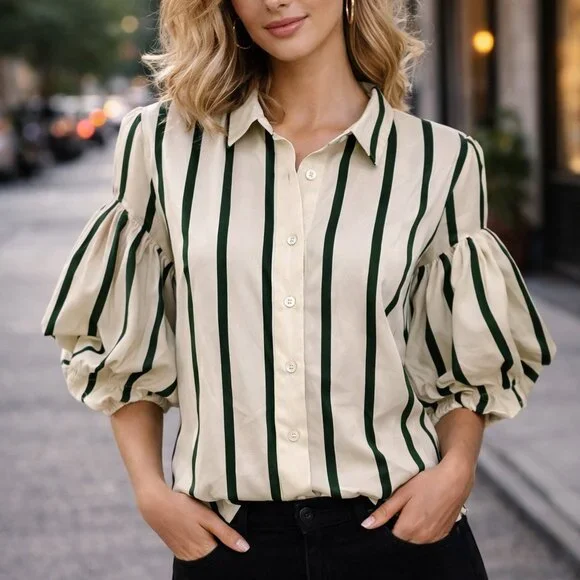 Elegant Milk & Honey Striped Button Down Blouse Puffy Sleeves - Picture 1 of 9